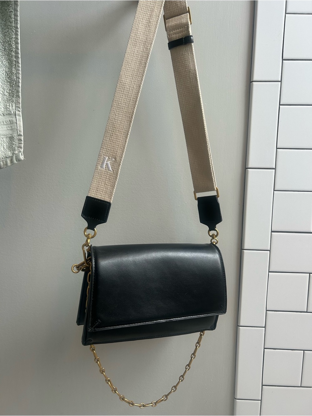 Black Leather Crossbody Bag with Detachable Initial Strap (K)